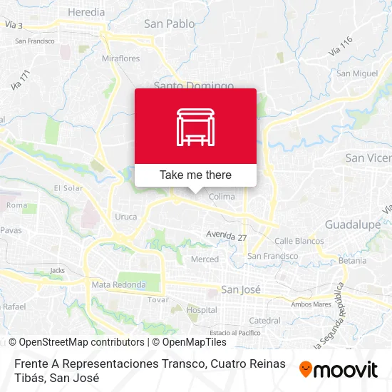 Mapa de Frente A Representaciones Transco, Cuatro Reinas Tibás