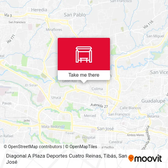 Mapa de Diagonal A Plaza Deportes Cuatro Reinas, Tibás