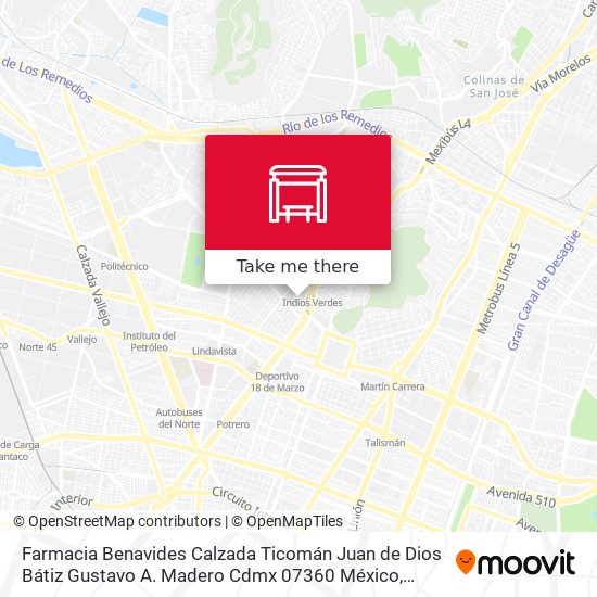 Mapa de Farmacia Benavides Calzada Ticomán Juan de Dios Bátiz Gustavo A. Madero Cdmx 07360 México