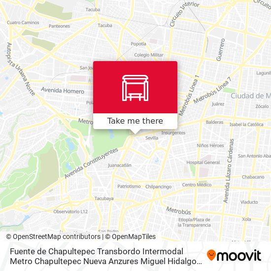 How to get to Fuente de Chapultepec Transbordo Intermodal Metro Chapultepec  Nueva Anzures Miguel Hidalgo Cdmx 11590 México in Azcapotzalco by Bus or  Metro?