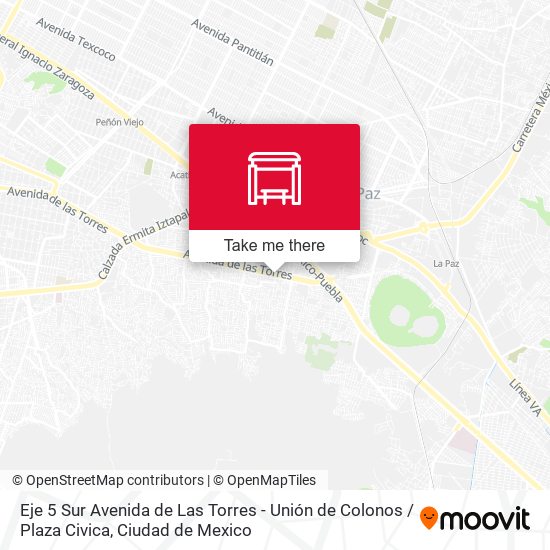 Eje 5 Sur Avenida de Las Torres - Unión de Colonos / Plaza Civica map