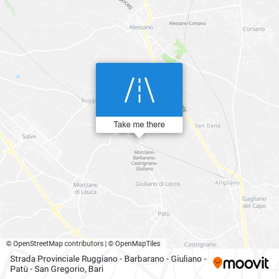 Strada Provinciale Ruggiano - Barbarano - Giuliano - Patù - San Gregorio map