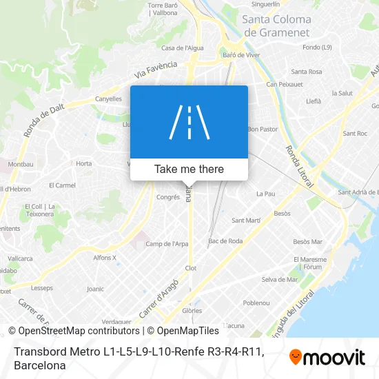 Transbord Metro L1-L5-L9-L10-Renfe R3-R4-R11 map