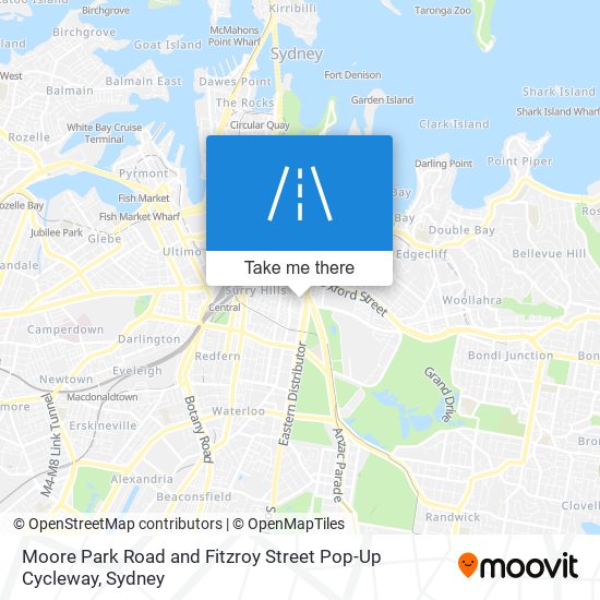 Mapa Moore Park Road and Fitzroy Street Pop-Up Cycleway
