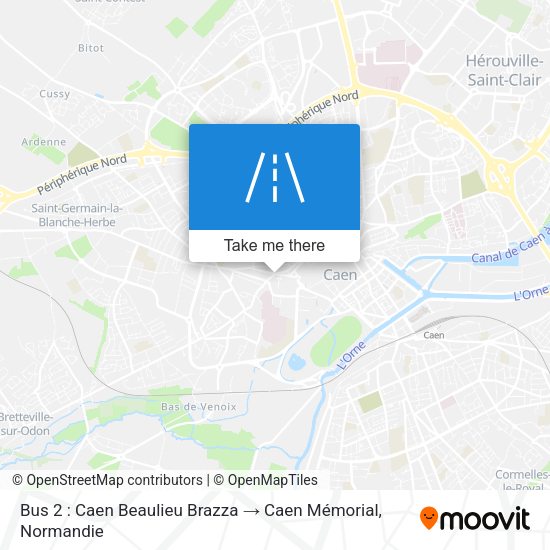 Bus 2 : Caen Beaulieu Brazza → Caen Mémorial map
