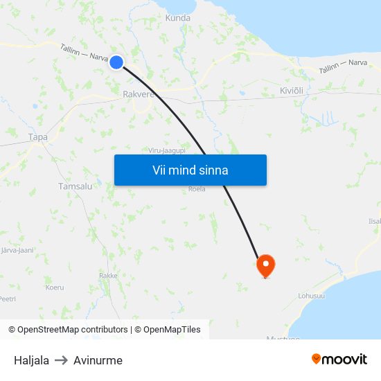 Haljala to Avinurme map