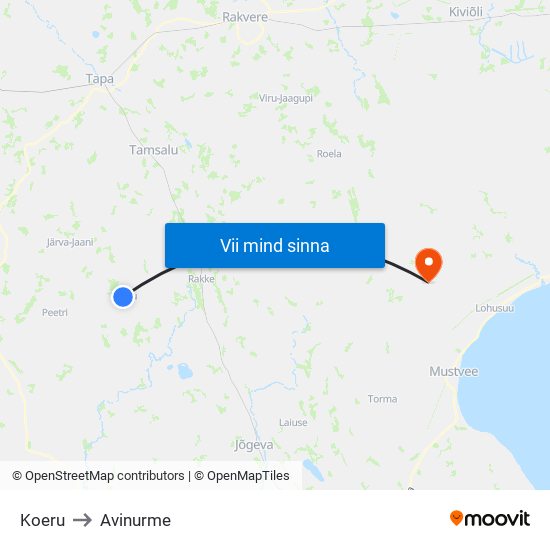 Koeru to Avinurme map