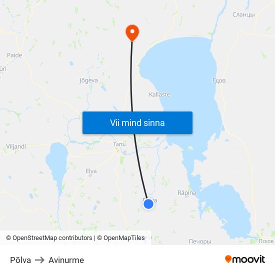 Põlva to Avinurme map