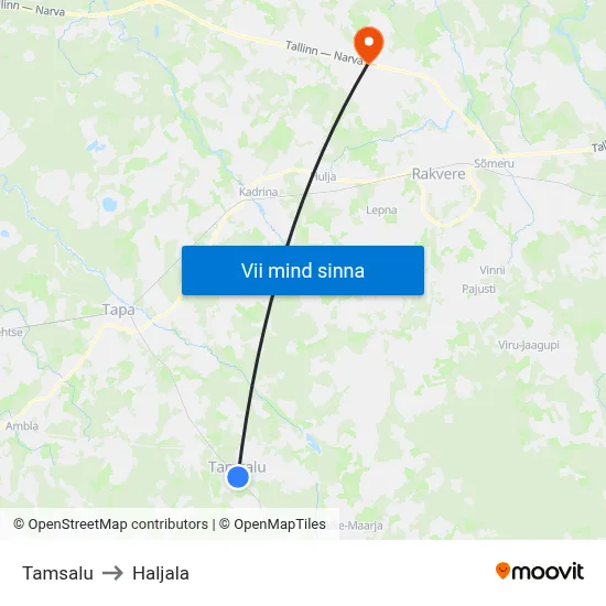Tamsalu to Haljala map