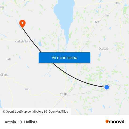 Antsla to Halliste map