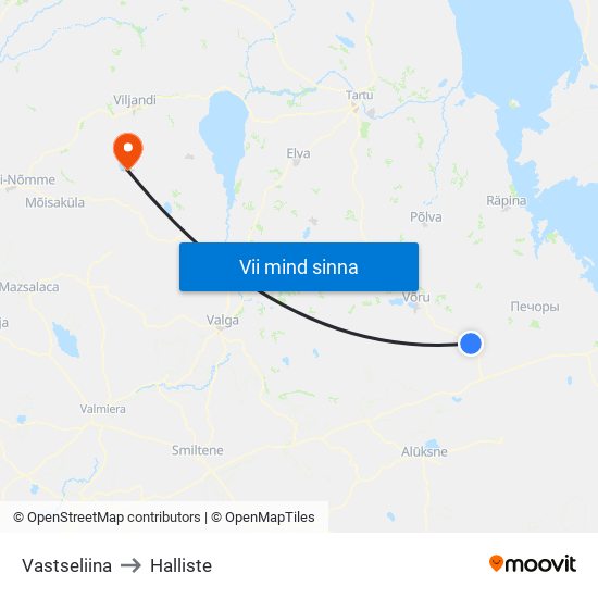 Vastseliina to Halliste map