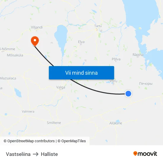 Vastseliina to Halliste map