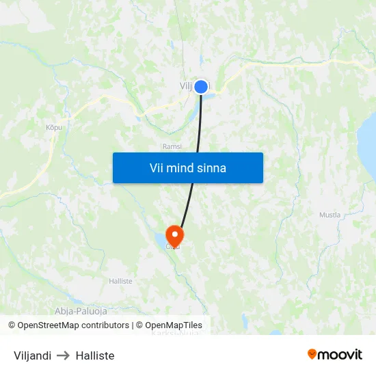 Viljandi to Halliste map