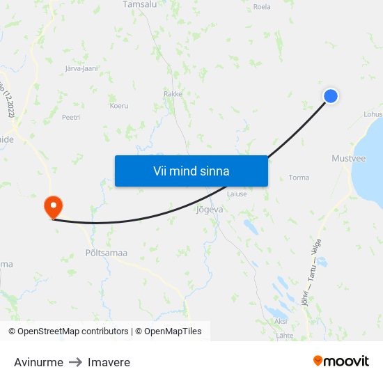 Avinurme to Imavere map