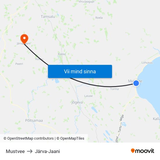 Mustvee to Järva-Jaani map