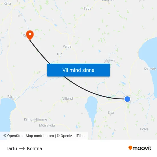 Tartu to Kehtna map