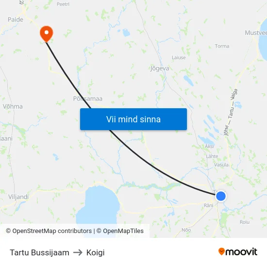 Tartu Bussijaam to Koigi map