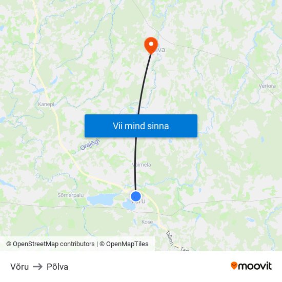 Võru to Põlva map