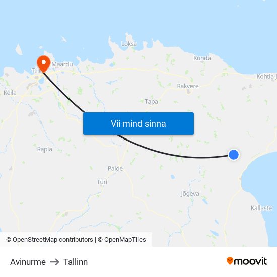 Avinurme to Tallinn map