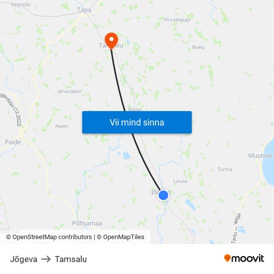 Jõgeva to Tamsalu map