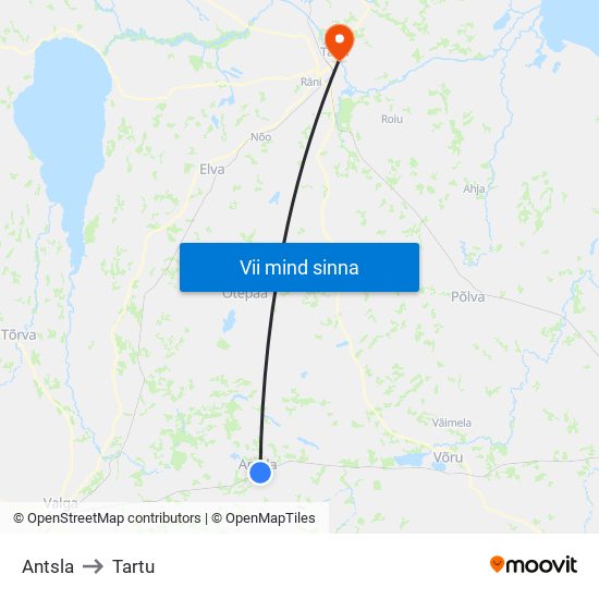 Antsla to Tartu map