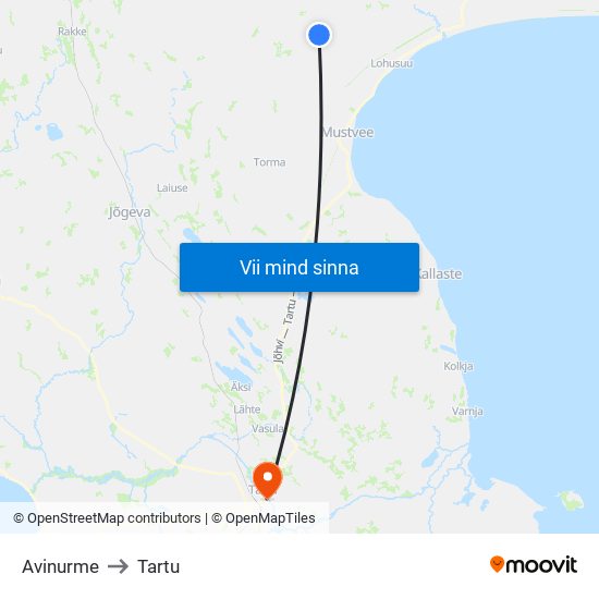 Avinurme to Tartu map