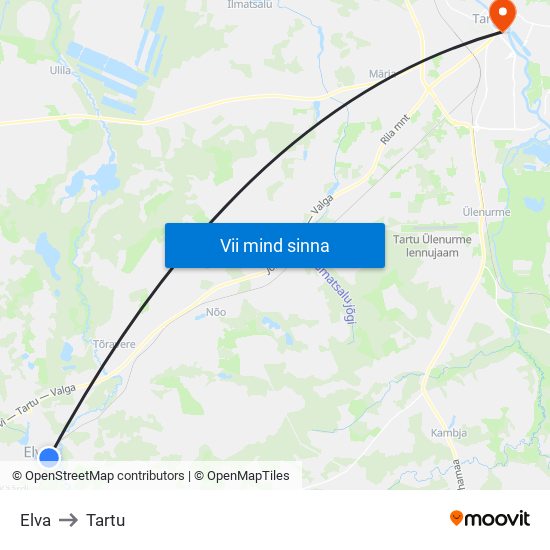 Elva to Tartu map