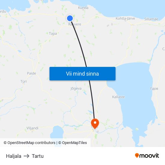 Haljala to Tartu map