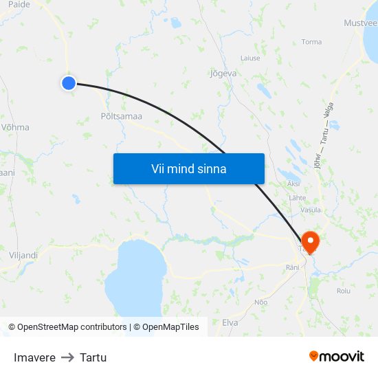 Imavere to Tartu map