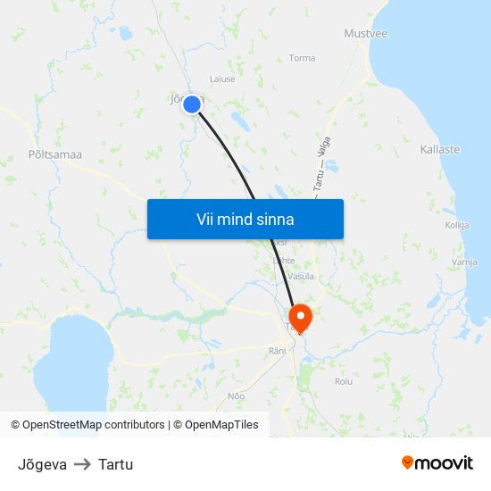 Jõgeva to Tartu map