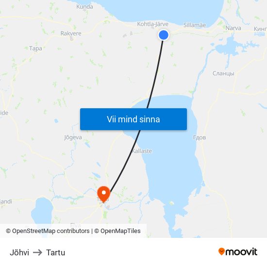 Jõhvi to Tartu map