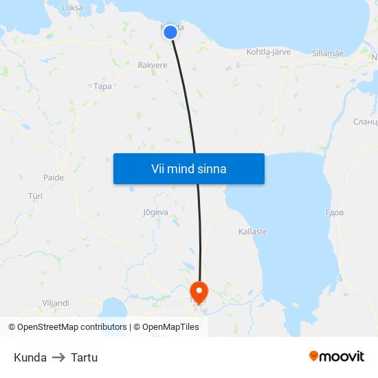 Kunda to Tartu map