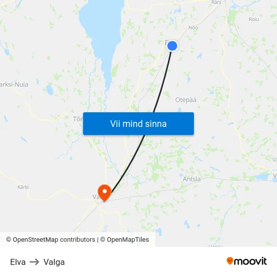 Elva to Valga map