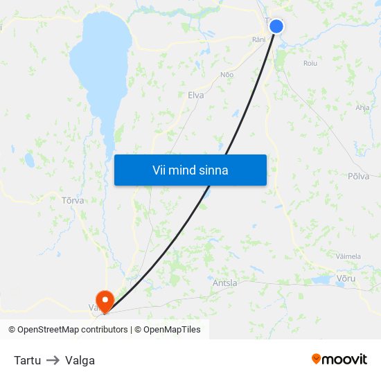 Tartu to Valga map