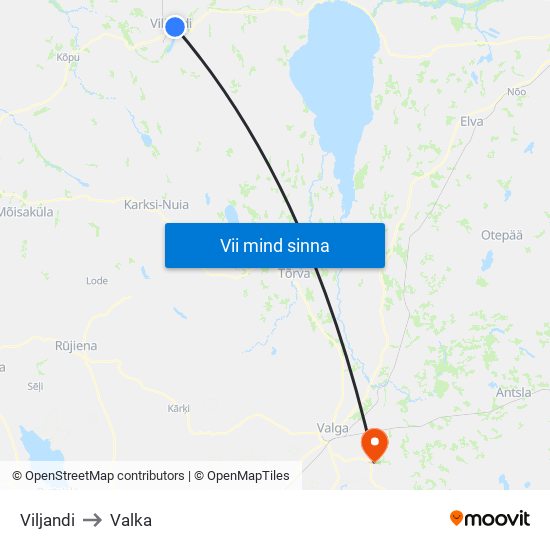 Viljandi to Valka map