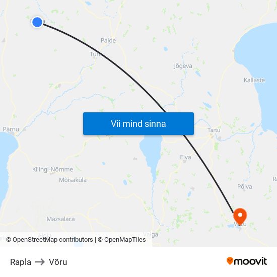 Rapla to Võru map