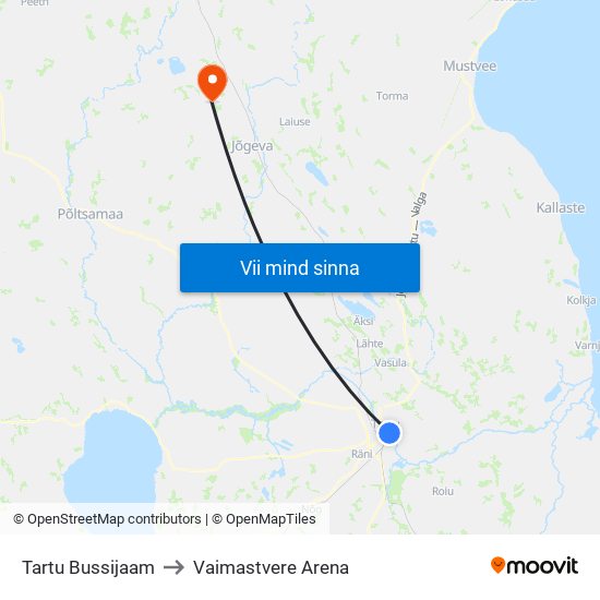Tartu Bussijaam to Vaimastvere Arena map