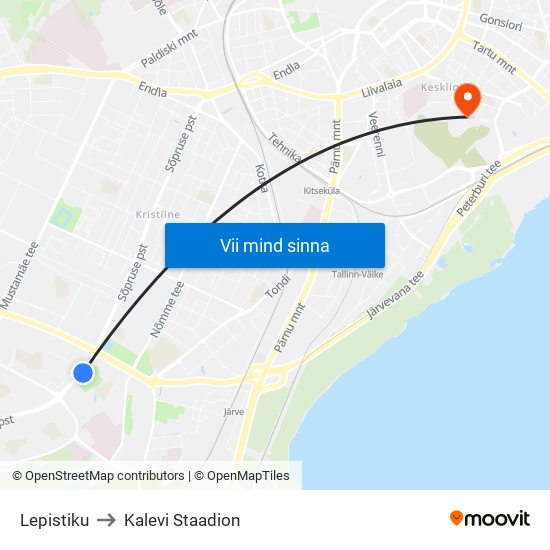 Lepistiku to Kalevi Staadion map