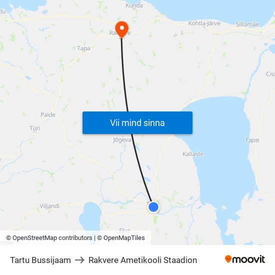 Tartu Bussijaam to Rakvere Ametikooli Staadion map