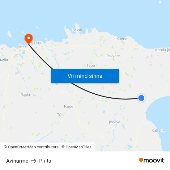 Avinurme to Pirita map