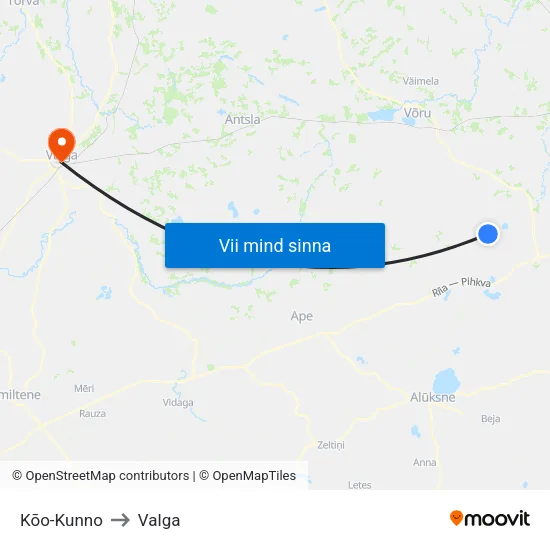 Kõo-Kunno to Valga map