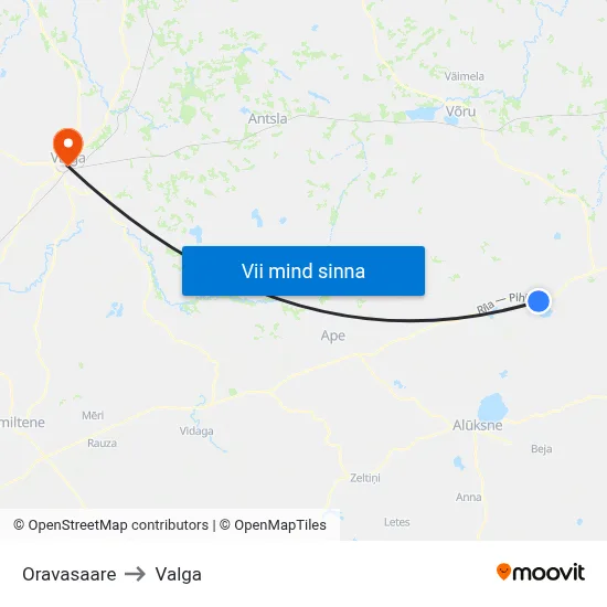 Oravasaare to Valga map