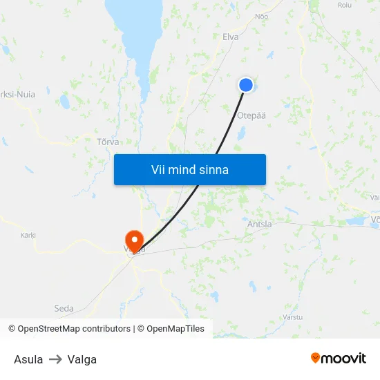 Asula to Valga map