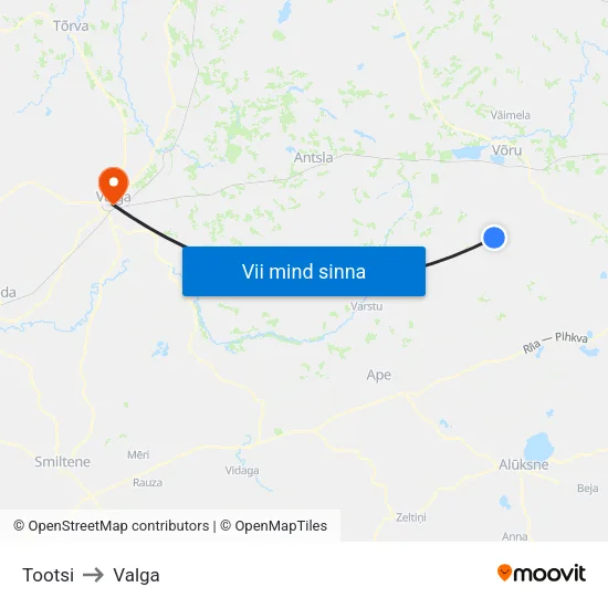Tootsi to Valga map