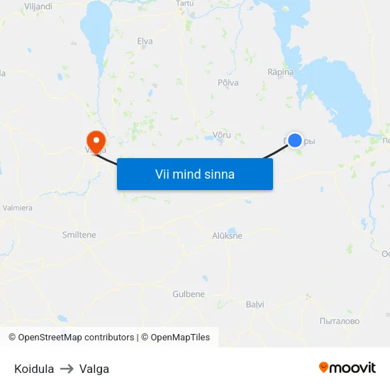 Koidula to Valga map