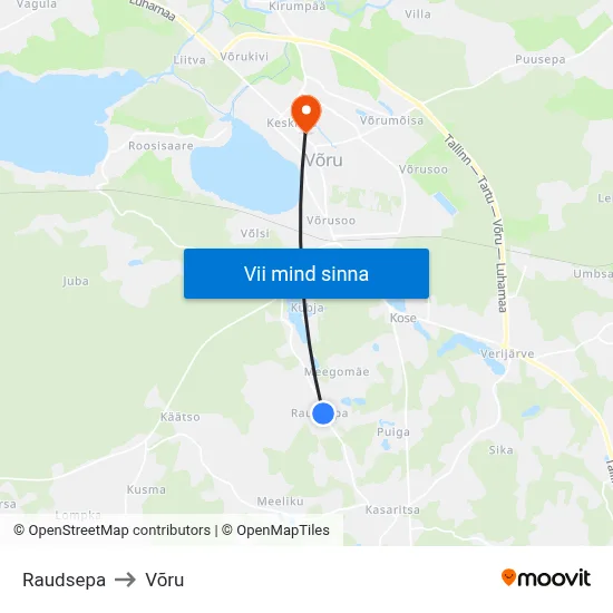 Raudsepa to Võru map
