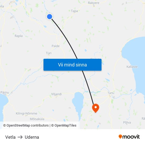 Vetla to Uderna map