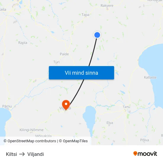 Kiltsi to Viljandi map