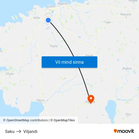 Saku to Viljandi map