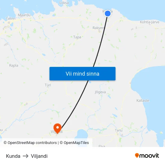 Kunda to Viljandi map